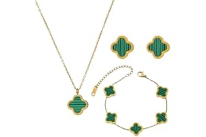GiantGo 18K Gold Plated Clover Lucky Bracelet Clover Earrings Clover Necklace for Women White/Black/Red/Green Flower Four Leaf Link Bracelets Trendy Jewelry Gifts for Women 3 PCS
