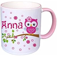 Kinder-Tasse, Eule, mit Namen, für Kinder, Geschenk, Becher, Rosa, Blau, Grün, für die Spülmaschine geeignet