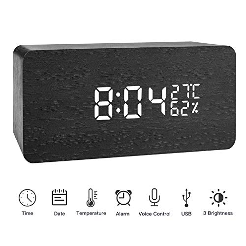 LED Reloj Despertador Digital de Madera Relojes USB 3 Niveles Brillo Ajustable Voz Touch Activado Mostrar Hora Fecha Semana Humedad Temperatura para Habitaciones de casa Oficina Niños (Negro)
