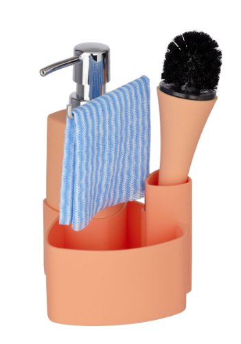 WENKO 3620123100 Spül-Set Empire – Spülmittelspender, Spülbürste, Handtuchhalter, Fassungsvermögen 0.25 L, Soft-Touch Keramik, 11 x 19 x 12.5 cm, Orange - 2