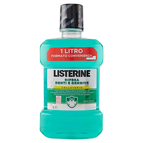 Listerine - Collutorio Difesa Denti E Gengive - Riduce La Placca E Mantiene Le Gengive Sane, Con Fluoro Per Rafforzare I Denti, Menta Fresca - 1000Ml