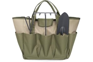 Qirc Garden Tools Holder Bag, Heavy Duty Gardening Organizer with 8 Pockets for Tools Garden Caddy Great Sturdy Canvas Tool Storage Set, Gardening Gifts for Men Women (Army Green + Khaki)