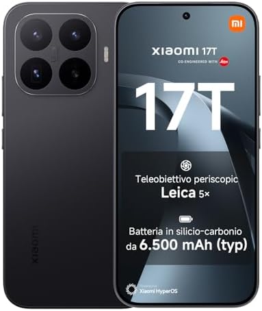XIAOMI 17T, Smartphone 12+256GB, Display Eye-Care da 6,59" 120Hz, Batteria da 6500mAh (typ), Teleobiettivo Leica 5x, 67W HyperCharge, MediaTek Dimensity 9500, Black, Garanzia 2 anni+1 anno extra