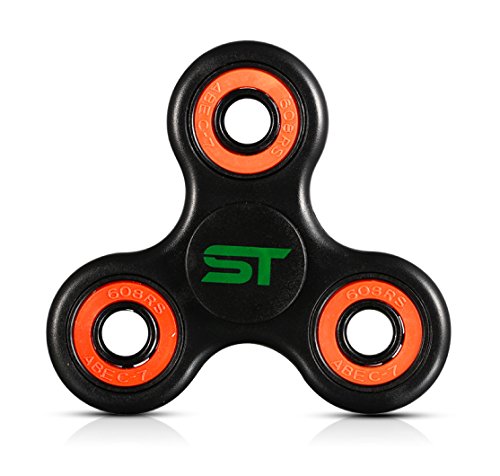Fidget Spinner Toy with DIRT RESISTANT High Speed Si3N4 Hybrid Ceramic Bearing - Black with Orange Outer Bearings - 2-3 Min Spins - EDC ADHD - HIGH QUALITY Non-3D printed ABS - SpinTime - UK STOCK