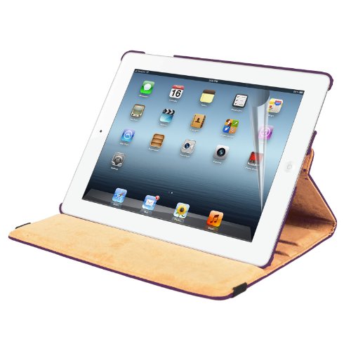 MadCase Apple iPad 4 (mit retina display) Stilisch Muster PU Leder Rotierend Smart Ständer Schutzhülle – kompatible mit iPad 2 und iPad 3 einschließlich Displayschutzfolie & Eingabestift – Glatt Schlicht – Lila - 3