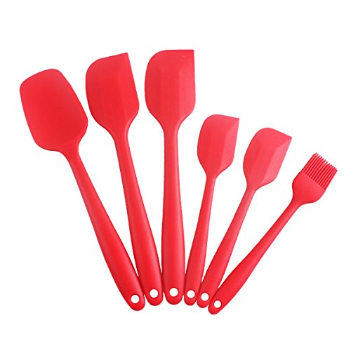 6-teiliges Silikon Mixer Teigschaber Backpinsel Set - Silikonschaber Küchengeräte Kleine Schmal Teigspachtel – Backzubehör Küchenhelfer Set Topfset Kochbesteck - mit stabilem Edelstahlkern zum Kuchen Backen und Mixen in Rot
