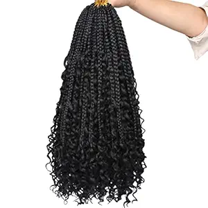 Beverlee 18 Inch Boho Box Braids 8 Packs Goddess Box Braids Crochet Hair Bohemian Hippie Braids Braiding Hair Box Braids with Curly Ends Messy Pre-looped Synthetic Crochet Hair for Black Women 1B#
