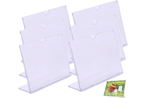 Rikyo 6 Pack Acrylic Slant Sign Holder Horizontal, Clean L-Shaped Desktop Display Stand,7x5 Photo Frame Stand Holder for Wedding Table Numbers,Restaurant Signs, Single Ad Frame and Art Display (#2)