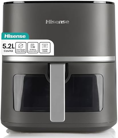 Hisense HAF1600D Friggitrice ad Aria 5,2 Litri, Air Fryer, 10 Programmi Automatici, Tecnologia Cross Wave 360°, 1600W, Temperatura 40–200°C, Display LED Touch, Finestra con Luce Interna, Nero