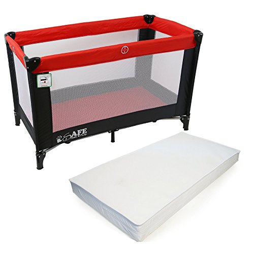 iSafe Rest & Play Luxury Travel Cot/Playpen - Warm Red (Black/Red) 120 cm x 60 cm Complete With Mattress