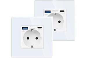 JIMEIDA 2 unidades de enchufes individuales con USB en blanco, 16 amp enchufes de cristal con conexión USB de carga rápida y puerto tipo C máx.3.1 A, 86 mm, 250 V, 1 compartimento