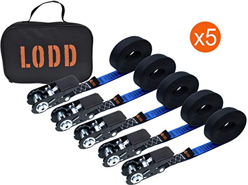 LODD - Juego de 5 correas de trinquete de alta calidad de 6m x 25mm con bolsa de transporte. Resistencia 800kg. Conforme norma EN 12195-2. Montaje ideal para remolques de motocicletas y bicicletas