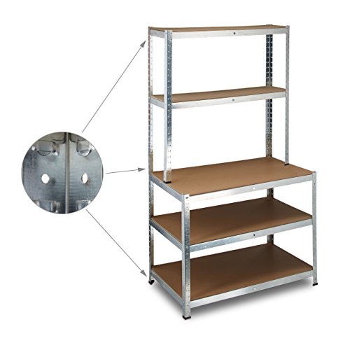 Relaxdays Schwerlastregal mit Werkbank, 900 Kg 5 Böden, Freistehend, HBT 180x 100 x 60 cm, Metall, MDF, Steckregal, grau - 4