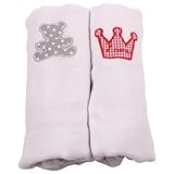 Minene Muslin Squares with A Embroidered Teddy Bear and Crown (2 Pieces, White and White)