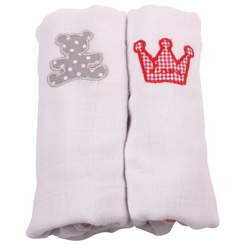 Minene Muslin Squares with A Embroidered Teddy Bear and Crown (2 Pieces, White and White)