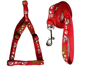 RvPaws 15 mm Dog Bone Paw Print Nylon Puppy Harness & Leash Set for Small & Medium Dogs and Puppy, Pack of (Harness + Leash) (Red)