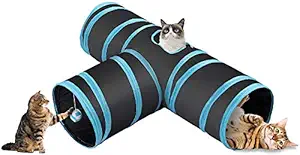Western Era Big Size Joyful Cat Tunnel Toy 3 Way Collapsible for Indoor & Outdoor Play with Hanging Toy Ball for Cat, Puppy, Kitty, Kitten (Blue)