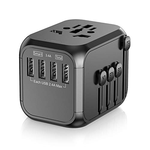 SAUNORCH Worldwide Travel Adapter, Universal Travel Adapter International Travel Adaptor European Power Plug Adapter W/4xUSB Wall Charger and Universal Socket Outlet for UK USA EU AU Asia - Gray
