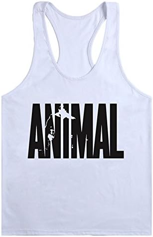 Mens Animal Letter Print Fitness Gym Stringer Tank Tops for Bodybuilding Muscle Workout (White,M)