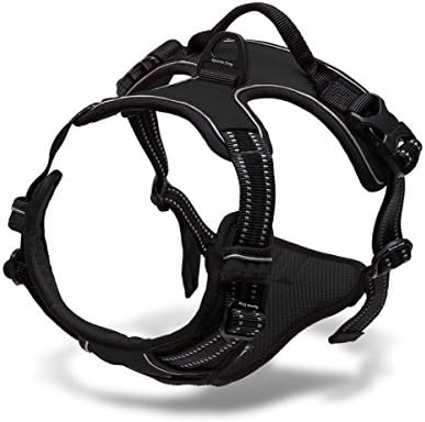 No Pull Dog Harness – Adjustable Front Padded Vest with Handle + 2 Leash Attachment Black Medium