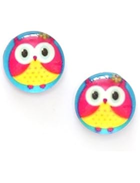 Idin Ohrclips - Gelb-rosa Eulen, Druck auf Glas (ca. 14 mm)