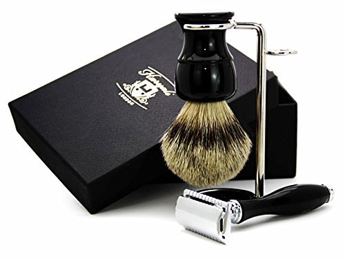 3 Pieces DE Safety Razor Set in Black. The Set Includes Pure Sliver Tip Badger Hair Brush, De Safety Razor and a Brush… - Image 4