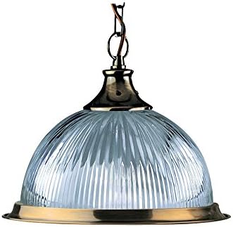 THLC Chicago Antique Brass American Diner Ceiling Pendant Light with Clear Ribbed Glass Shade