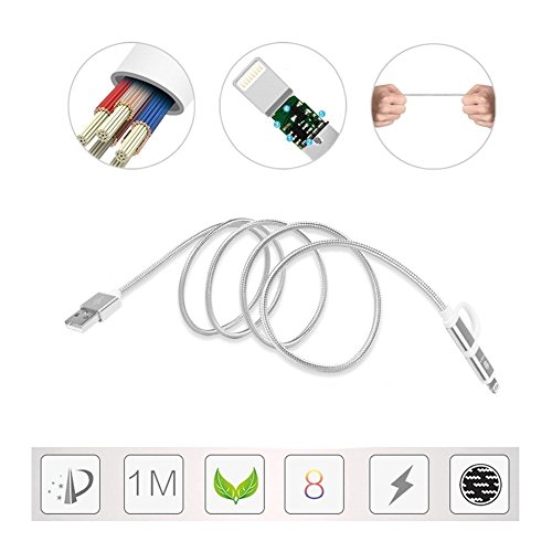 HUNDA 2 in 1 Ladekabel , 1M USB Lightning Ladekabel mit Nylon umflochtenes [Apple MFi zertifiziert] für iPhone 7/7 Plus,6S/6S Plus 6/6 Plus, 5/5 S , iPad Air 2, iPad Mini 3 und Android-Handys (Silber) - 4