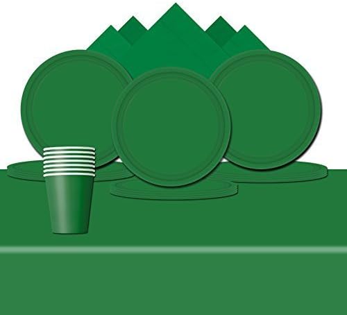 Tableware Complete Party Supplies Pack For 8 - Cups, Napkins, Plates And Rectangular Table Cover (Festive Green)