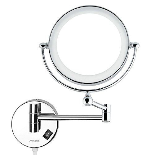 Auxent Kosmetikspiegel mit LED Beleuchtung und 1-/ 5-facher Vergrößerung aus Kristallglas, Edelstahl und Messing, Doppelseitig, Rostfrei, Schminkspiegel Beleuchtet für Badezimmer, Kosmetikstudio, Spa und Hotel