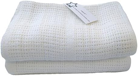 Pair of 100% Pure Cotton Cellular Baby Blankets for Pram Cot Bed Moses Basket Crib in Pristine White (2 x White)