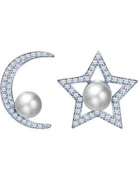 Yumilok 925 Sterling Silber Zirkonia Perle Stern Mond Ohrstecker Ohrringe Hypoallergen Ohrschmuck für Damen Frauen...