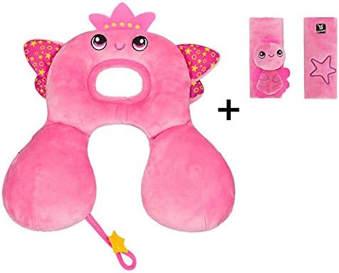 Uni Best Baby Animal Head Neck Pillow, Head Neck Support Car Seat Pillow Headrest with Cute Seat Belt Cover for 0-12 Months Baby (pink butterfly)