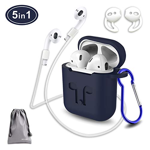 Airpods Carcasa de Silicona con Correa de Deporte, gulaki AIRPOD Colgar Caja con Cubierta Antideslizante y Piel Accesorios para Apple Wireless Airpods Estuche de Carga (Azul Oscuro 5 in 1)
