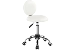 FURWOO Silla de belleza giratoria con ruedas y respaldo de piel sintética (blanco), taburete para barbería