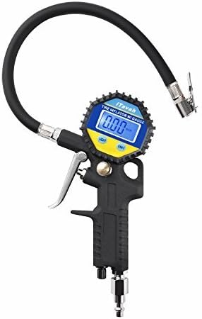 Digital Tire Pressure Gauge, iTavah Integrated Closed, Clip-On Air Chuck, LCD Backlit Screen, Digital Tire Inflator with hose (Black and Red) (Black)