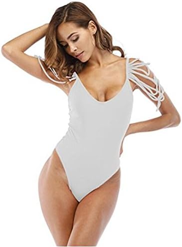 Ibeliver Women Tassel Swimsuit U Neck Monokini One Piece Bikini Backless Bathing Suit Swimwear White M