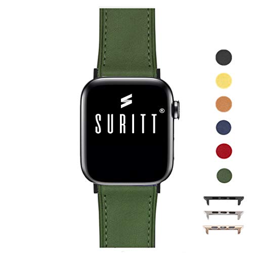 Suritt ® Correa para Apple Watch de Piel Rio (6 Colores Disponibles). 3 Colores de Hebilla y Adaptador para Elegir (Negro - Plata - Oro)(Series 1, 2, 3 y 4). (38mm / 40mm, Green/Black)