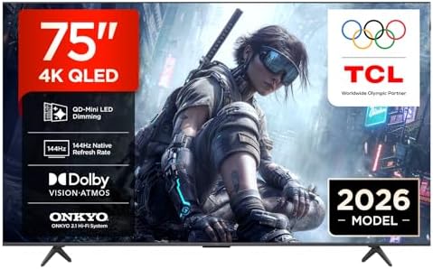 TCL TV 75T8D 4K QLED da 75” con QD-Mini LED Dimming HDR Smart TV, 4K Ultra HD, Google TV con 144Hz VRR e audio Onkyo 2.1