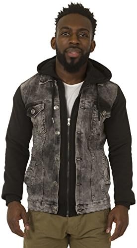 Mens Black Denim Zip Front Hooded Jacket Jersey cotton sleeves and Hood MILESBLACK - XL