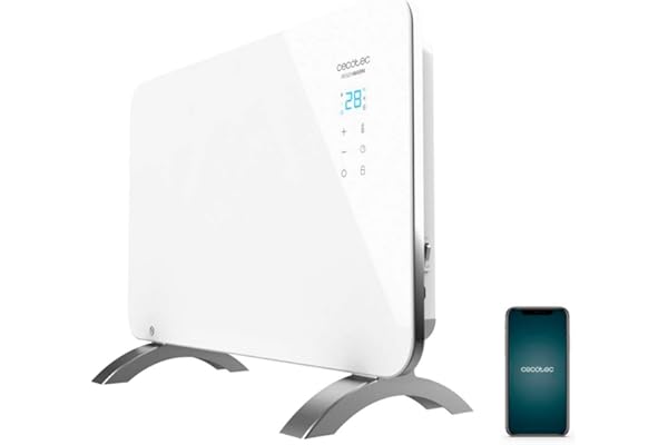 Cecotec Radiador Eléctrico Bajo Consumo Ready Warm 6650 Crystal Connection. Wifi, 1000 W, Termostato Regulable, Temporizador, Soporte de pie, Protección sobrecalentamiento, Blanco