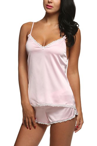 Ekouaer Träger Nachthemd Kurz Nachtwäsche Schlafanzüge Sexy Damen Negligee Wäsche set aus Satin Pyjama - 2