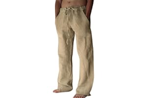 Litthing Men Linen Trousers Cotton Jogging Bottoms Casual Summer Pants with Pockets Loose Fit Drawstring Elastic Waist Trouser Comfortable Lightweight