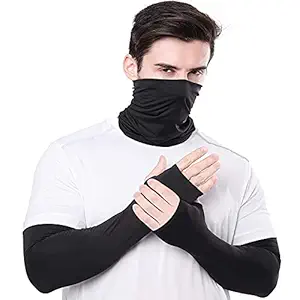 Uniq World Black Cool Arm Sleeves and Neck Gaiter Bandana Face Cover Protective Head Band for Men & Women(Combo of Black Arm Sleeves and Bandana)