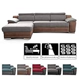 Zweifarbiges Ecksofa im angesagten Materialmix aus Kunstleder und Stoff mit praktischer Kopfteilverstellung und Schlaffunktion sowie großer Liegefläche