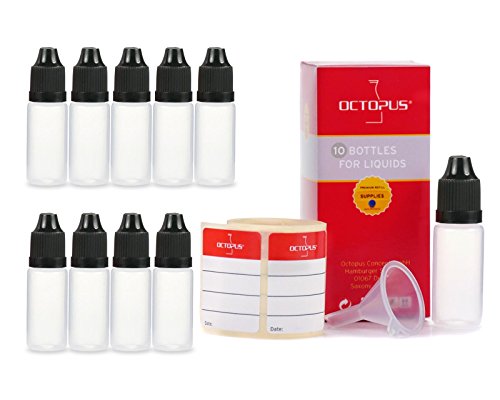 10 x 10 ml Octopus Tropfflaschen, zur Dosierung von Flüssigkeiten, E-Liquids, Augentropfen, leere LDPE Kunststoffflaschen transparent, Plastikflaschen mit schwarzen Tropfverschlüssen, mit Kindersicherung, inkl. 10 Beschriftungsetiketten