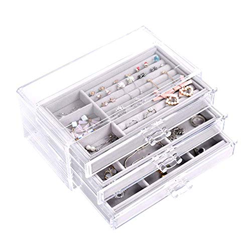 OIF Acrylic Jewelry Box 3 Layers Organizer Case Earring Rings Necklace Bracelet Display Valentine's Gift Women Ladies Girls Luxury Suede Compartments