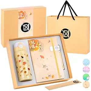 Cute Notebook Pen Gift Set - Gifts for Teenage Girls with Stainless Steel Insulated Water Bottle, Diary Journal for Women, Teens and Kids, Elegant Gift Box and Bag (Beige) by YOLO Attitude