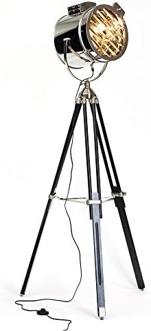 Chrome Floor Lamp with Cine in industrial Design, with wooden tripod legs