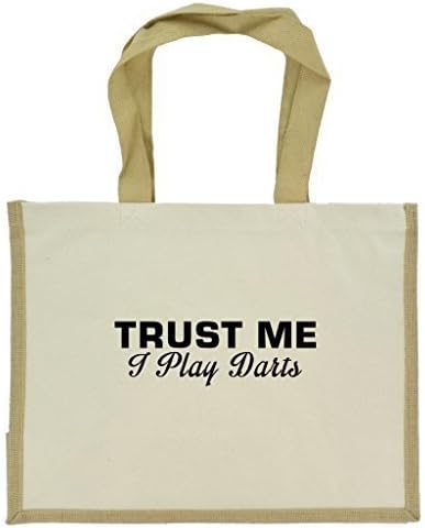 Trust Me I Play Darts in Black Print Jute Large Shopping Bag with Beige Handles and Trim